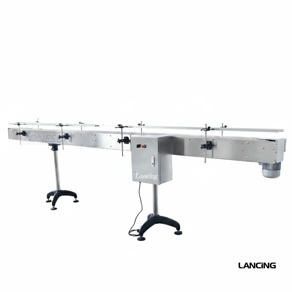 Straight conveyor with adjustable guide rails, two supports and a control box.